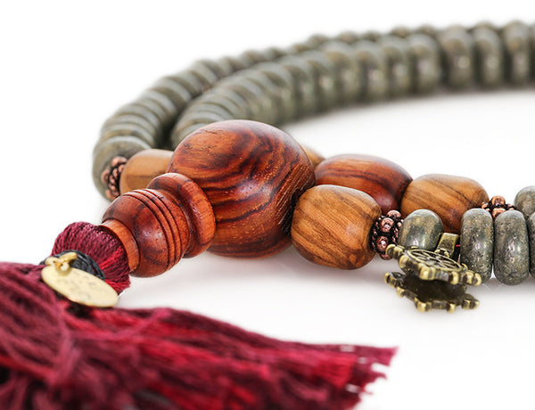 Buddhist Mala Beads with Pyrite Tulipwood and Olivewood