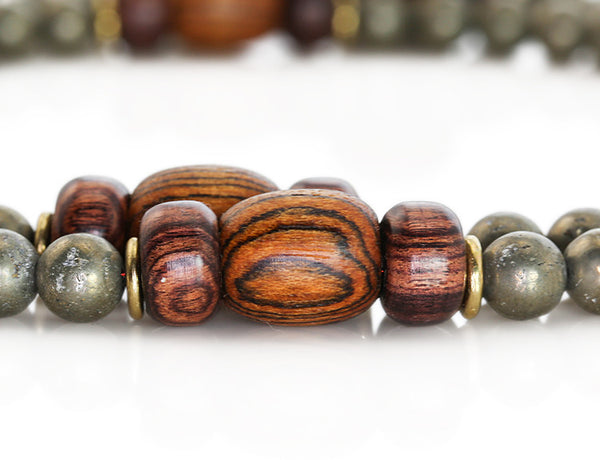 Buddhist Mala Beads with Pyrite and Bocote Wood Marker Beads