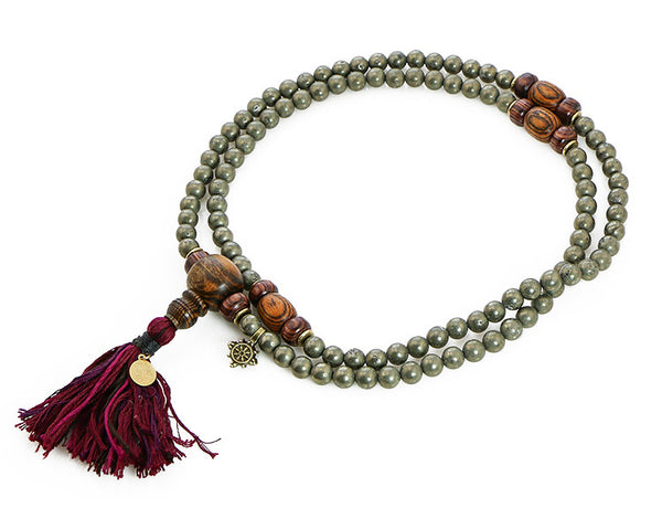 Buddhist Mala Beads with Pyrite and Bocote Wood Top View