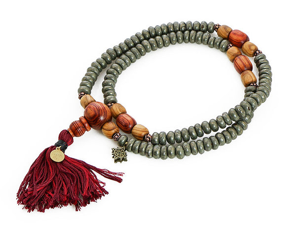 Buddhist Mala Beads with Pyrite and Tulipwood Top View