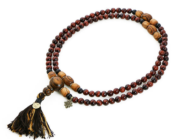 Buddhist Mala Beads with Red Tigereye and Bocote Wood Top View
