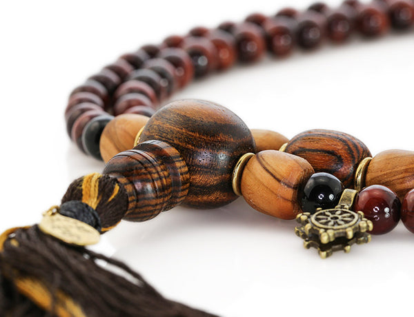 Buddhist Mala Beads with Red Tigereye and Bocote Wood