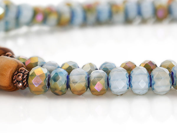 Buddhist Mala Beads with Rengas Tiger Wood and Blue Italian Glass Close Up