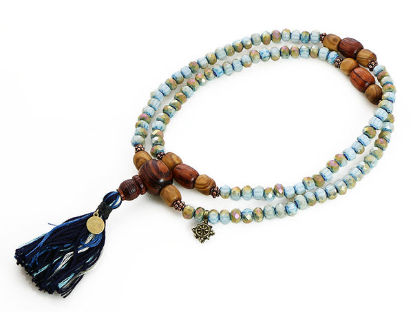 Buddhist Mala Beads with Rengas Tiger Wood and Blue Italian Glass Top View