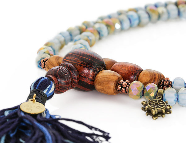 Buddhist Mala Beads with Rengas Tiger Wood and Blue Italian Glass