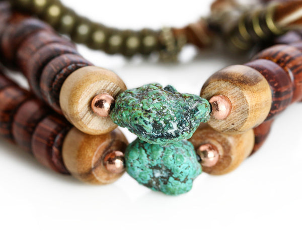 Buddhist Mala Beads with Rengas Tiger Wood and Turquoise Marker Beads