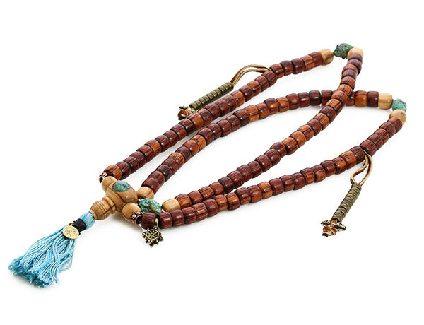 Buddhist Mala Beads with Rengas Tiger Wood and Turquoise Top View