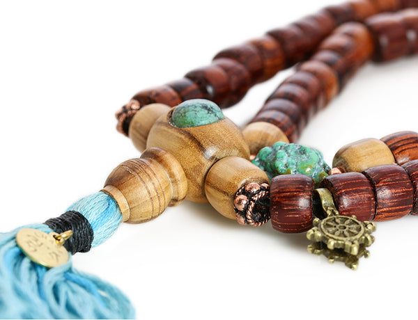 Buddhist Mala Beads with Rengas Tiger Wood and Turquoise