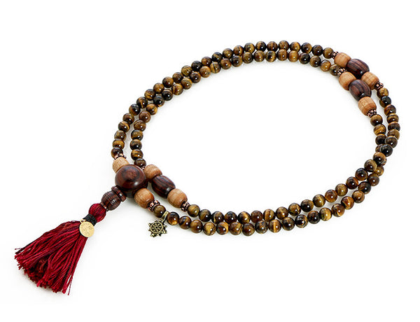 Buddhist Mala Beads with Tigereye and Kingwood Top View