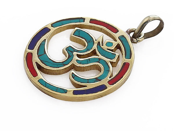 Buddhist Pendant Gemstone and Brass Circular Om Symbol Side View