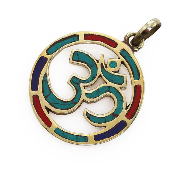 Buddhist Pendant with Gemstone and Brass Circular Om Symbol