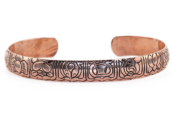Copper Tibetan Cuff Bracelet Engraved Buddhist Symbols Close Up