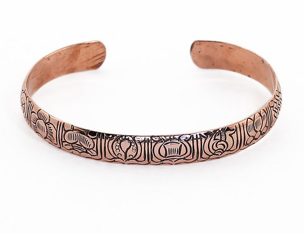 Copper Tibetan Cuff Bracelet Engraved Buddhist Symbols Top View