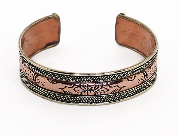 Copper Tibetan Cuff Bracelet Engraved Lotus Design Top View
