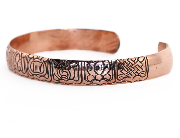 Copper Tibetan Cuff Bracelet with Engraved Buddhist Symbols