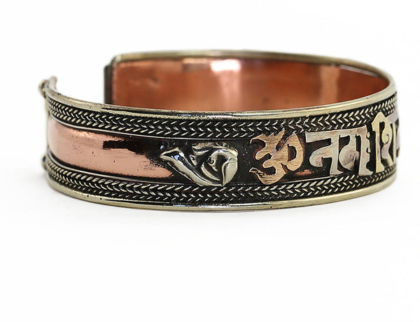 Copper Tibetan Cuff Bracelet with Silver Shell Symbol on Left Side