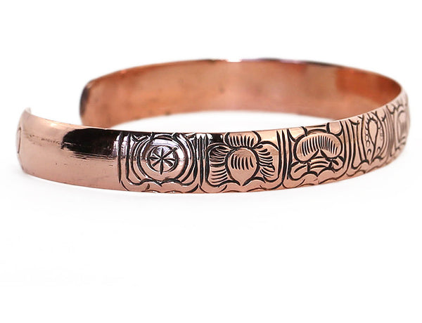 Copper Tibetan Cuff Bracelet Engraved Buddhist Symbols Left Side