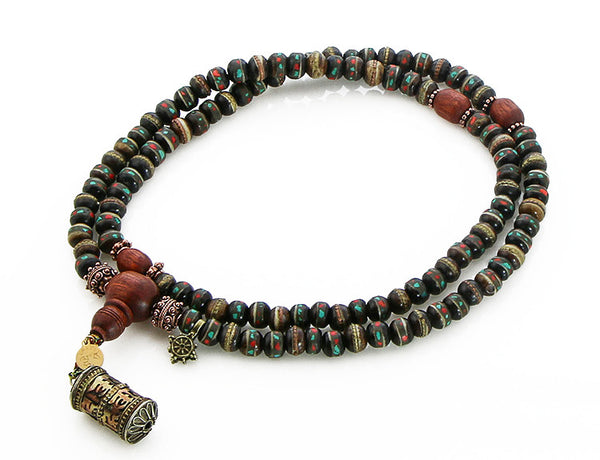 Mala Beads with Black Inlaid Bone and Bloodwood Top VIew