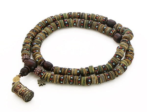 Tibetan Mala Beads with Cocobolo Wood and Rustic Inlaid Bone Top View
