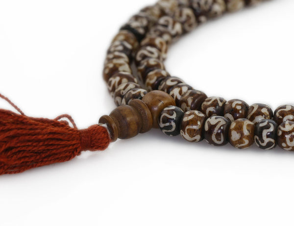 Mala Beads with Handpainted Om Symbol Close Up
