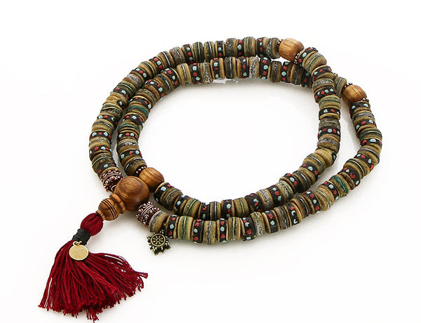 Mala Beads with Rusitc Inlaid Bone and Canarywood Top View