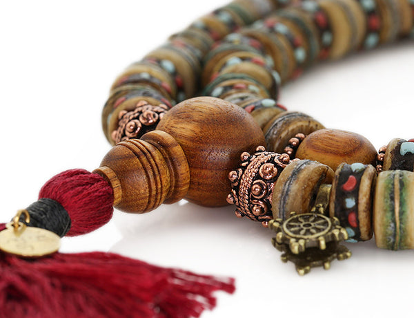Mala Beads with Rustic Inlaid Bone and Canarywood