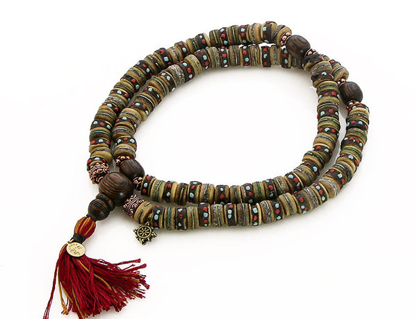 Mala Beads with Rustic Inlaid Bone and Bocote Wood Top View
