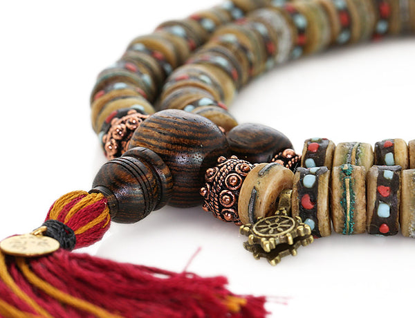 Mala Beads with Rustic Inlaid Bone and Bocote Wood