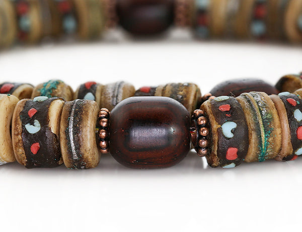 Tibetan Mala Beads with Rustic Inlaid Bone and Cocobolo Wood Marker Beads