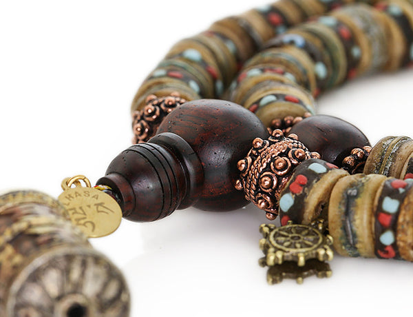 Tibetan Mala Beads with Rustic Inlaid Bone and Cocobolo