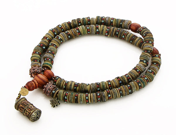 Tibetan Mala Beads with Rustic Inlaid Bone and Tulipwood Top View