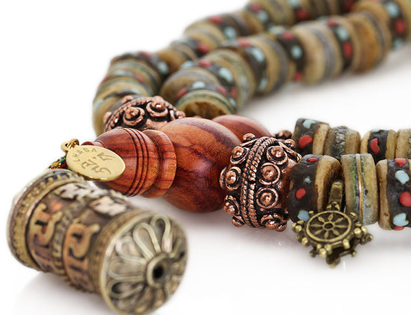 Tibetan Mala Beads with Rustic Inlaid Bone and Tulipwood