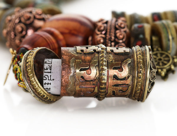 Buddhist Mala Beads with Tibetan Prayer Wheel Tassel and Tulipwood