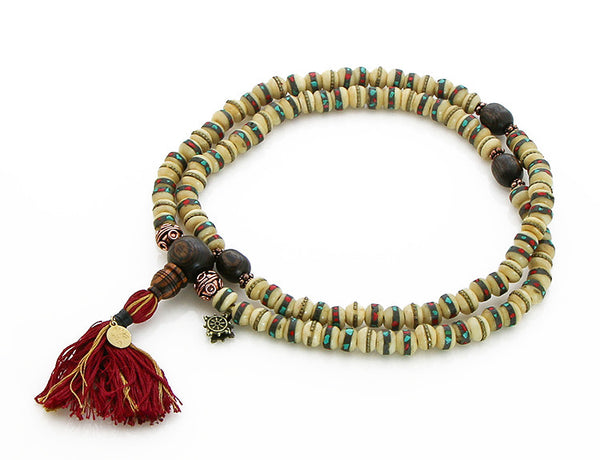 Tibetan Mala Beads with White Inlaid Bone and Bocote Wood Top View