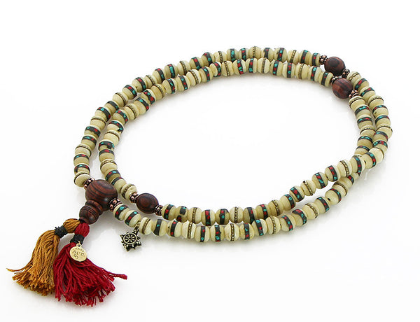 Tibetan Mala Beads with White Inlaid Bone and Kingwood Top View