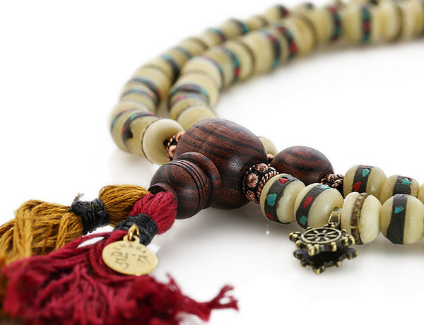 Tibetan Mala Beads with White Inlaid Bone and Kingwood