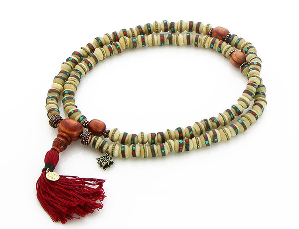 Tibetan Mala Beads with White Inlaid Bone and Tulipwood Top View