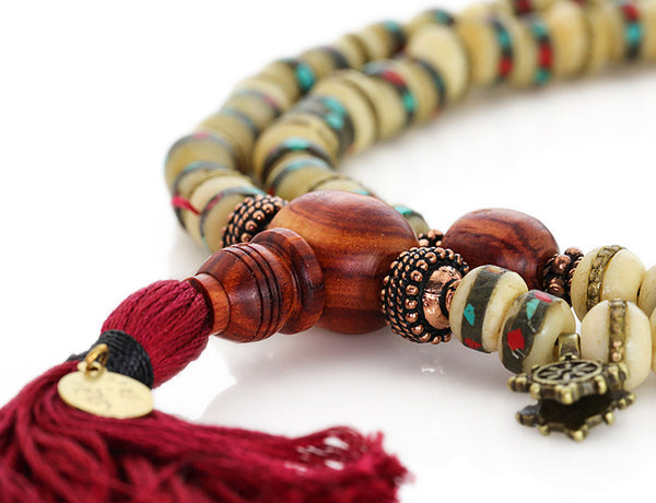 Tibetan Mala Beads with White Inlaid Bone and Tulipwood