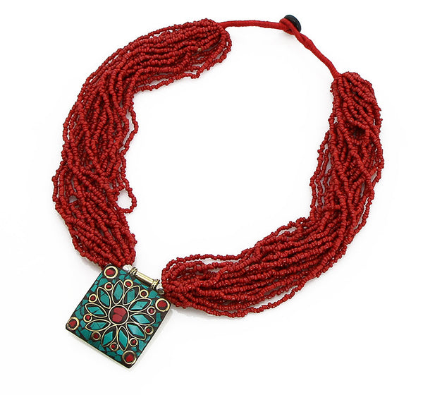 Nepalese Pote Neckace with Red Glass and Inlaid Pendant