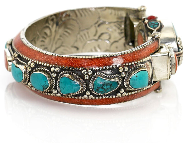 Silver Tibetan Bangle Bracelet with Chunky Turquoise Side View