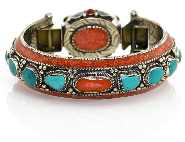 Silver Tibetan Bangle Bracelet with Chunky Turquoise and Coral