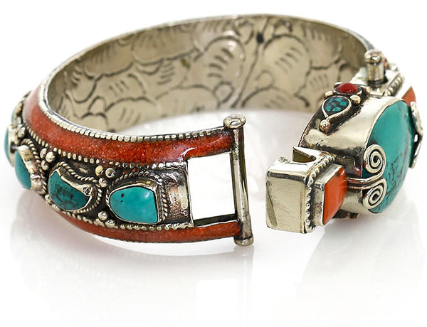Silver Tibetan Bangle Bracelet with Turquoise Clasp Open