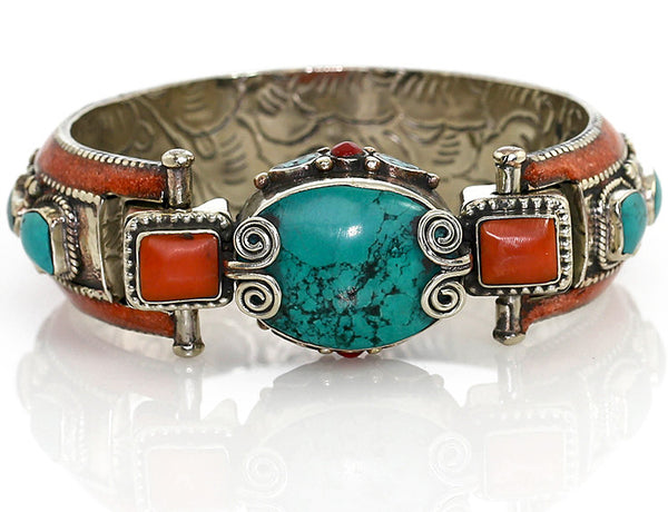 Silver Tibetan Bangle Bracelet with Turquoise Clasp