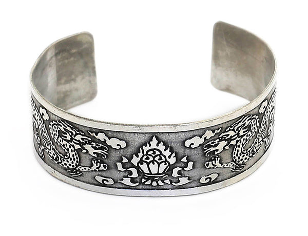 Silver Tibetan Cuff Bracelet Dragon and Flaming Jewel Top View