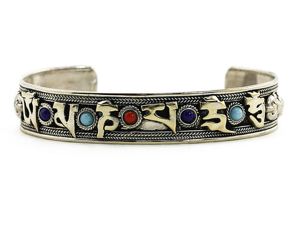 Silver Tibetan Cuff Bracelet Jeweled Mantra Close Up