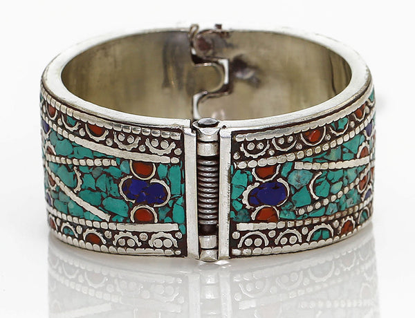Silver Tibetan Cuff Bracelet Spring Clasp Close Up