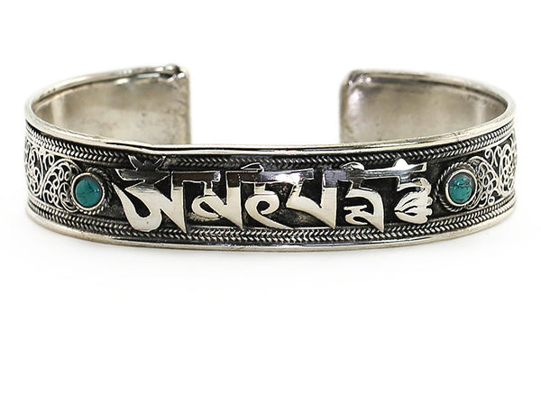 Silver Tibetan Cuff Bracelet with Buddhist Mantra and Scroll Work