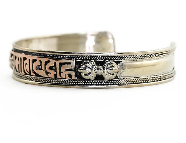 Silver Tibetan Cuff Bracelet with Copper Manttra Side View