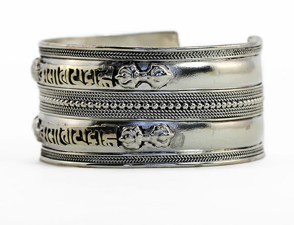 Silver Tibetan Cuff Bracelet with Double Mantra Side View