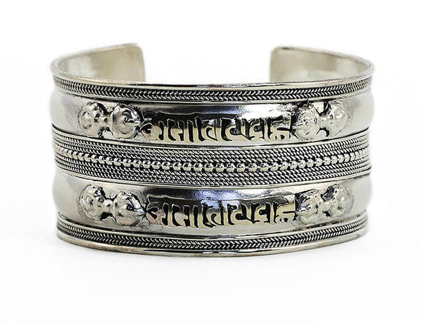 Silver Tibetan Cuff Bracelet with Double Mantra